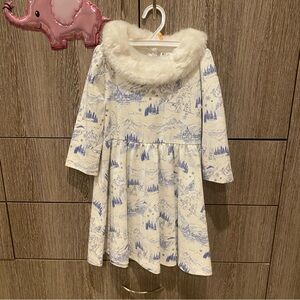 Janie and Jack White Dress with Blue Scenic Print and Faux Fur Collar